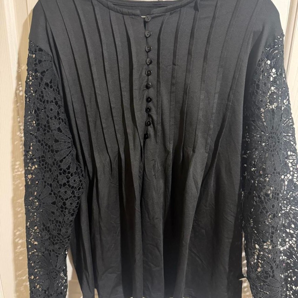 Black Lace Sleeve Pleated Button Up Blouse Top 4XL